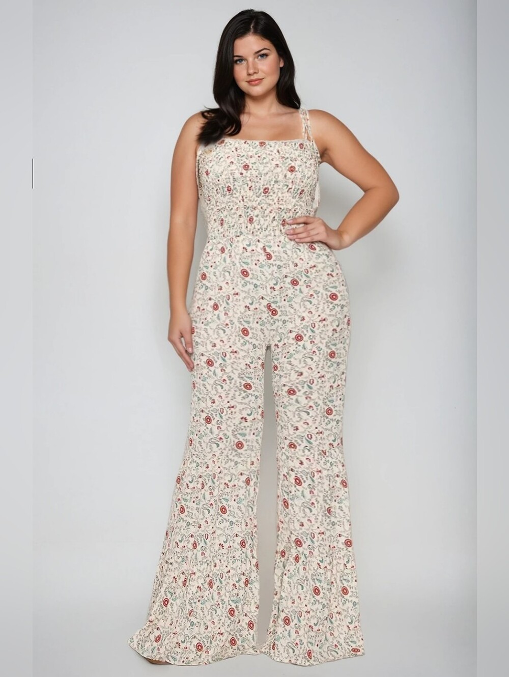 P5-0515 Cream Floral Smocked Jumpsuit with Wide Flare Leg